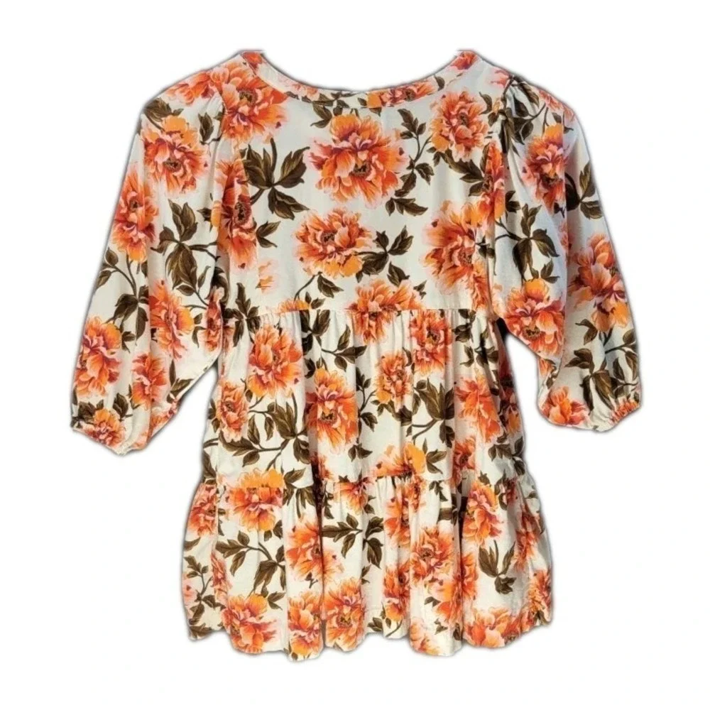 Old Navy Girls Floral Peplum Dress XS 5‎ Ivory Peach Button Front Cottagecore